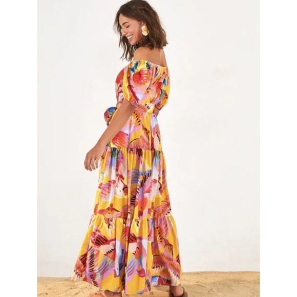 FARM RIO Neon Macaws Puff Sleeve Maxi Dress M Yellow Parrot Print Cotton Belted - Picture 3 of 12